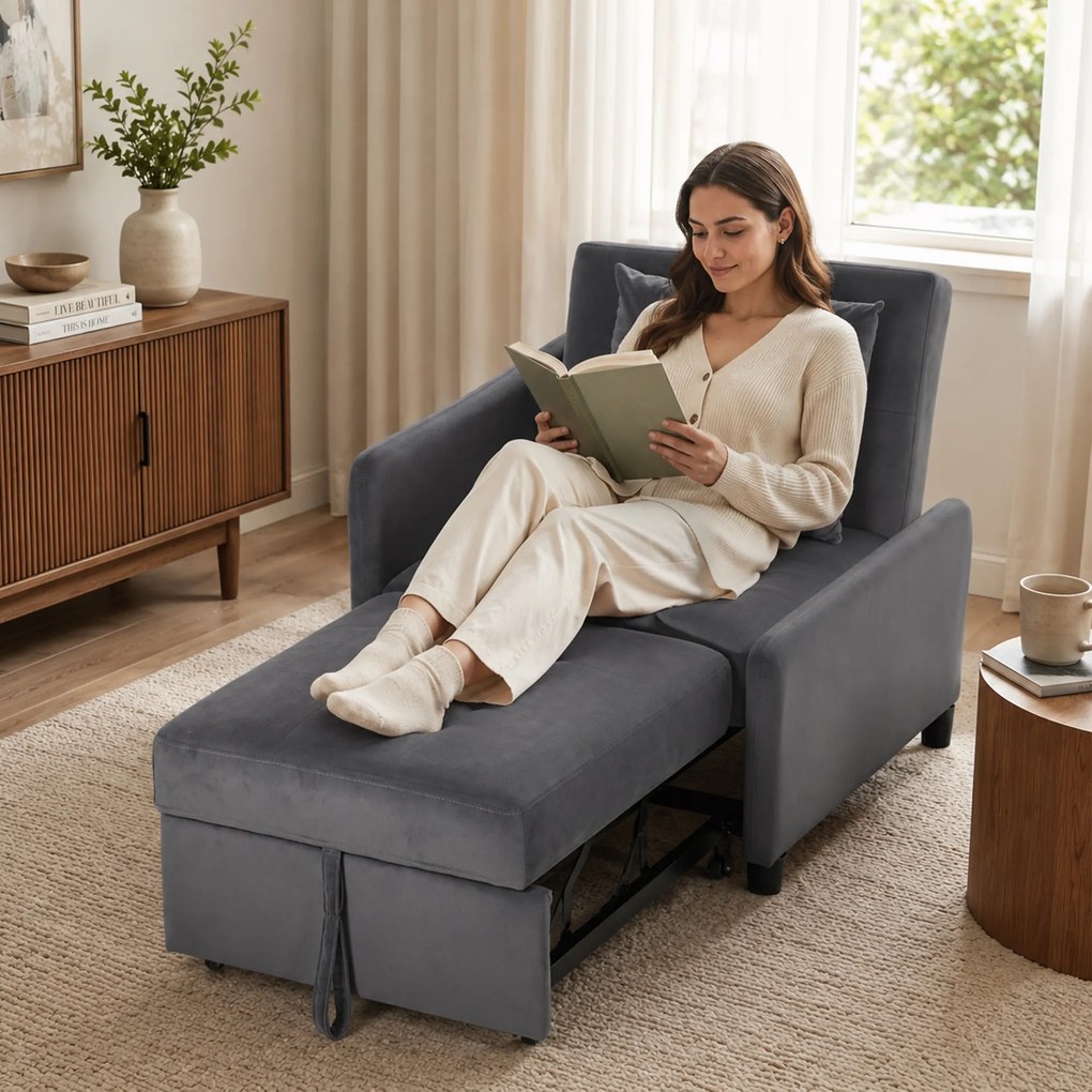 Sofá Cama Individual 4 em 1 Cadeirão-cama em Veludo com Encosto Ajustável e Bolsos Laterais Cinza Escuro