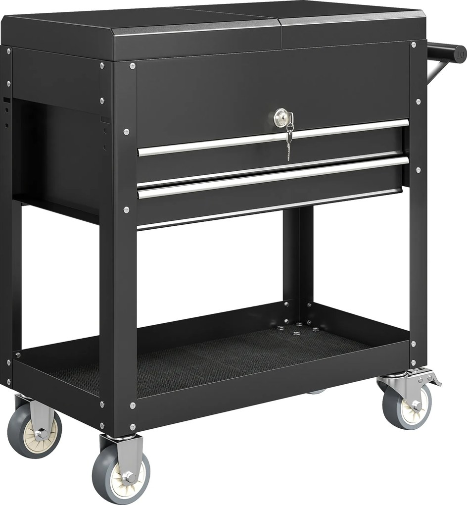 Carrinho de Ferramentas com Rodas Carrinho de Oficina Móvel com Tampa Deslizante 2 Gavetas com Fecho Bandeja 77,5–130x38x80 cm Preto