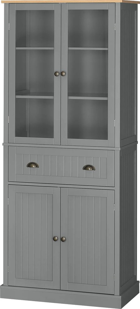 Armário Vitrine de Cozinha, 76 x 40 x 182,5 cm, Prateleiras Reguláveis, Cinzento