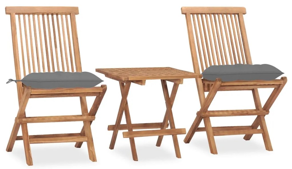 vidaXL 3 pcs conj. jantar dobrável exterior c/ almofadão teca maciça