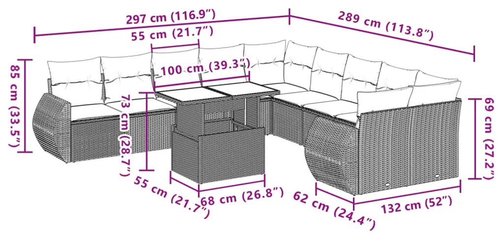 11 pcs conjunto sofás de jardim c/ almofadões vime PE castanho