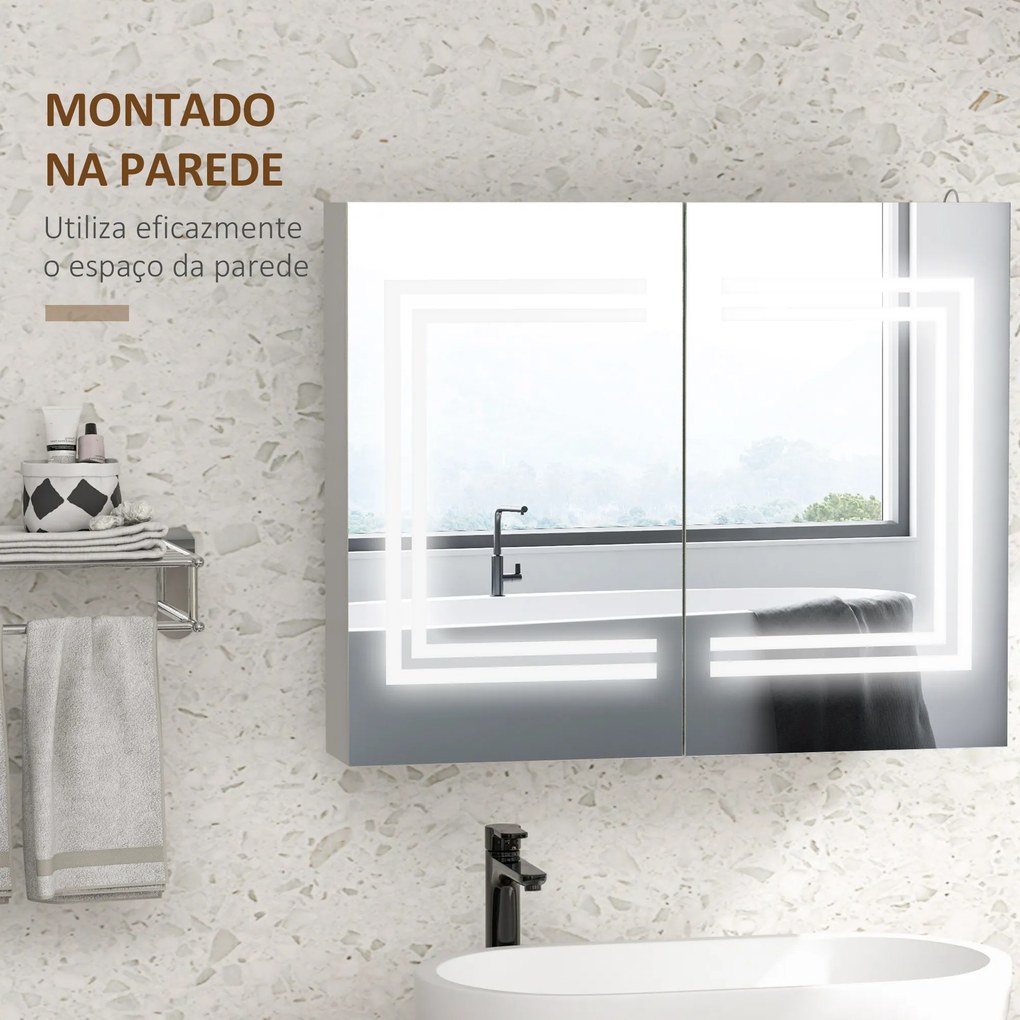 Armário Casa de Banho com Espelho e Luz LED Interruptor Tátil e Cor da Luz Ajustável 80x15x65 cm Branco Brilhante