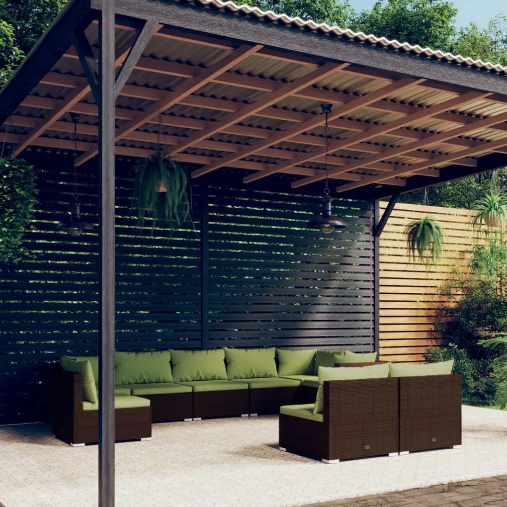 vidaXL 9 pcs conjunto lounge de jardim c/ almofadões vime PE castanho