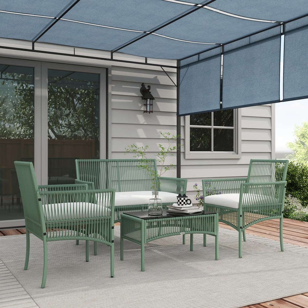 Conjunto de Jardim Exterior em Ratan Sintético com 2 Poltronas 1 Sofá de 2 Lugares 1 Mesa de Centro e Almofadas Verde