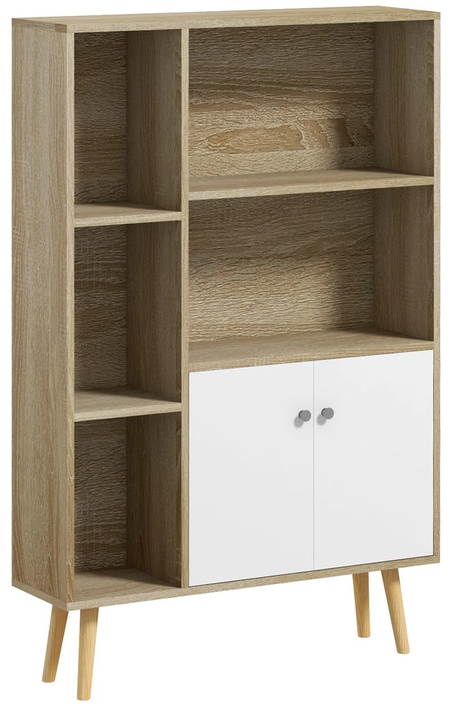 HOMCOM Estante de Estilo Escandinavo Móvel de Arrumação 80x23,5x123 cm 5 Nichos Armário com 2 Portas Pés Inclinados | Aosom Portugal