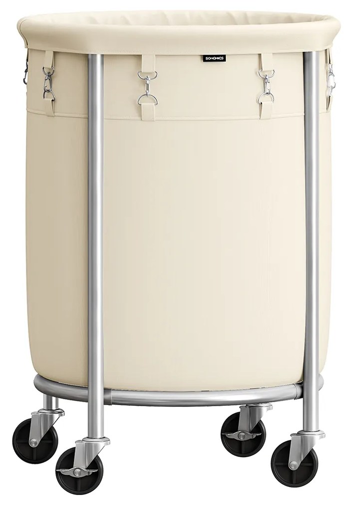 Cesto de roupa suja com rodas SONGMICS, carrinho de roupa suja 110L, cesto de roupa suja redondo com estrutura de aço e bolsa removível, 4 rodízios e 2 freios, creme e prata RLS002W01