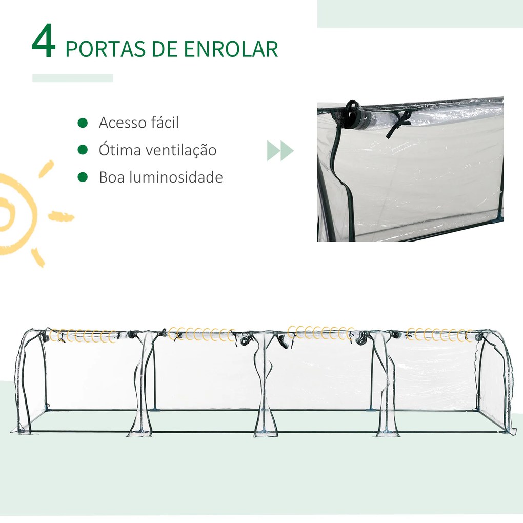 Estufa 395x100x80 cm para Jardim Varanda Estufa Pequena para Cultivo de Plantas com 4 Janelas Estrutura de Aço e PVC Transparente e Verde