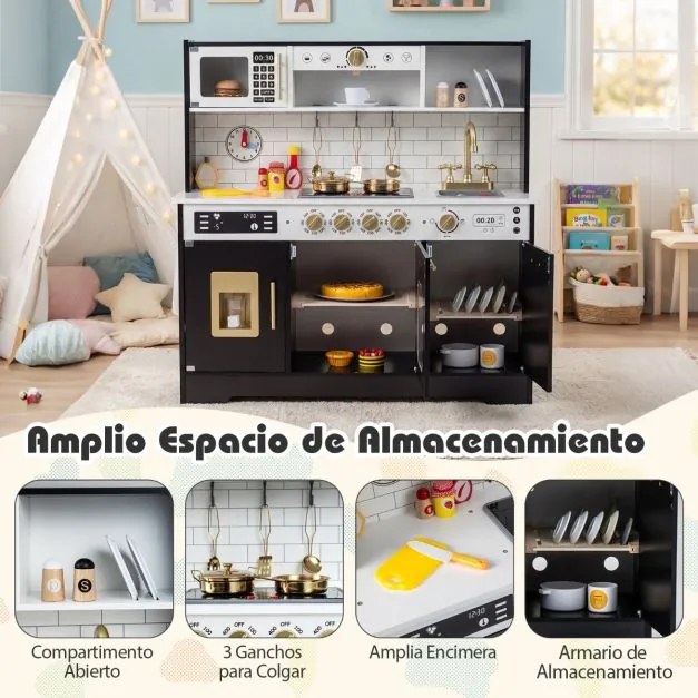 Cozinha de brincar em madeira para crianças com luzes e sons realistas 85 x 29 x 88 cm Preto