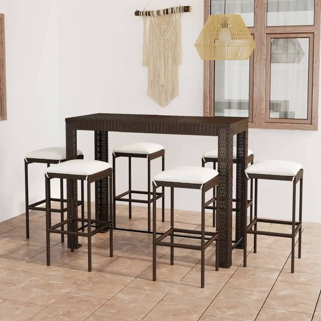 vidaXL 7 pcs conjunto de bar p/ jardim com almofadões vime PE castanho