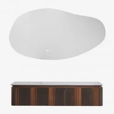 Conjunto De Móvel De Casa De Banho Suspenso 160x55 Cm Em Madeira Lavena Madeira Escura & Led Irregular E Antiembaciamento 140x75 Cm Riben - Sklum