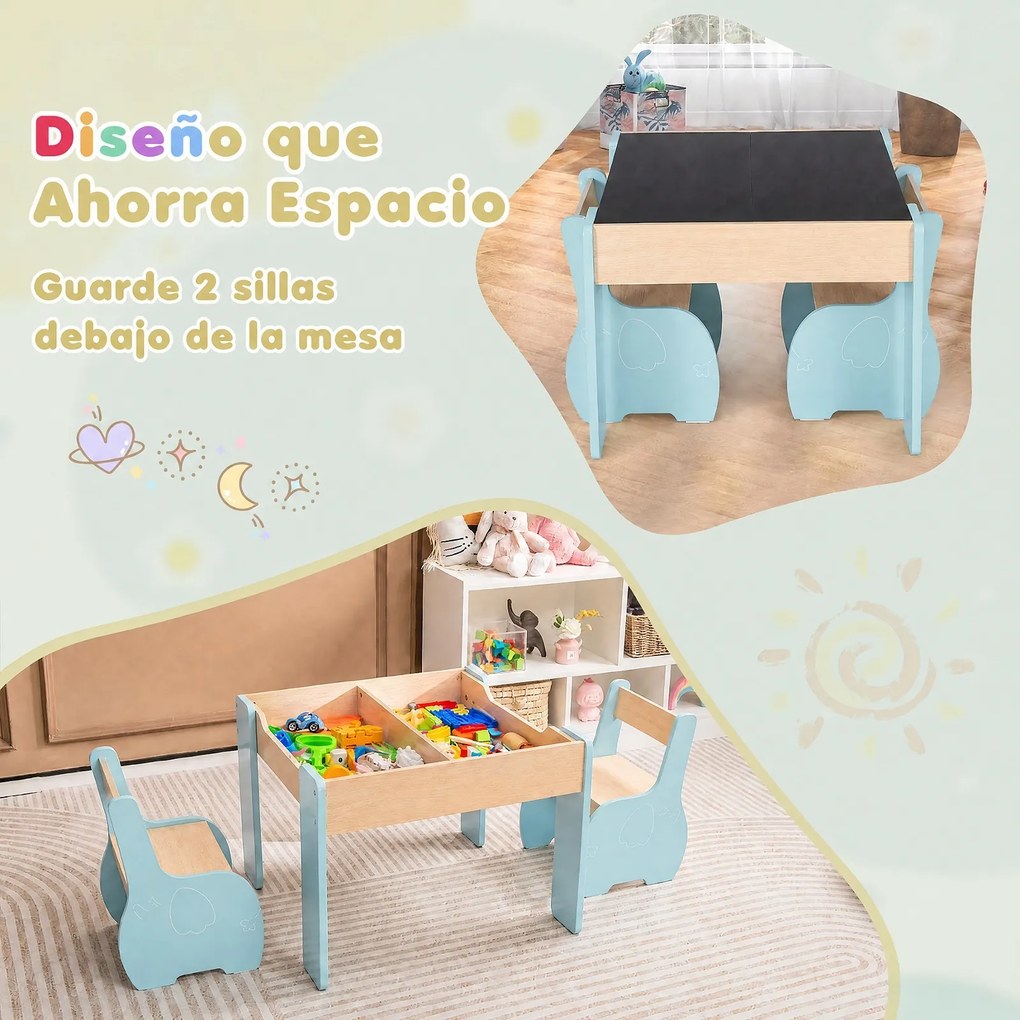 Conjunto de Mesa de Atividades e 2 Cadeiras Infantis, 63,5 x 61,5 x 48 cm, 4 em 1, Azul