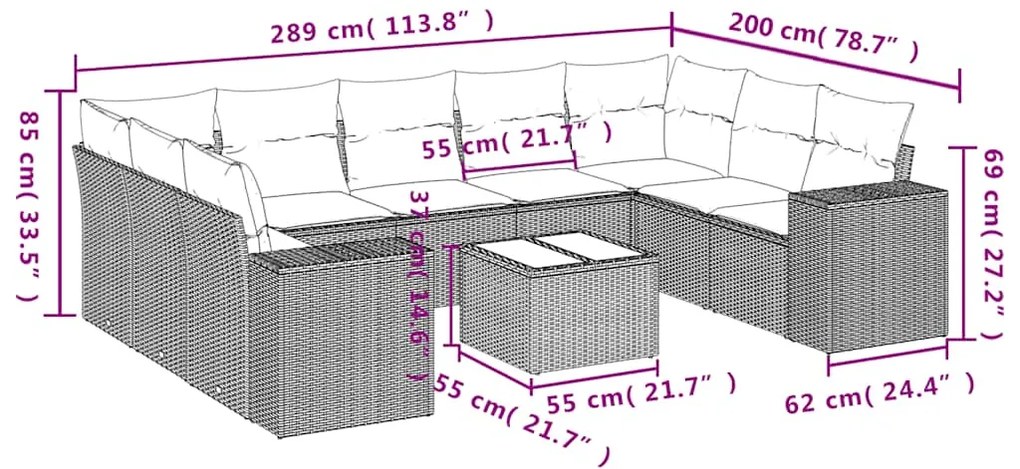 10 pcs conj. sofás jardim com almofadões vime PE cinzento-claro