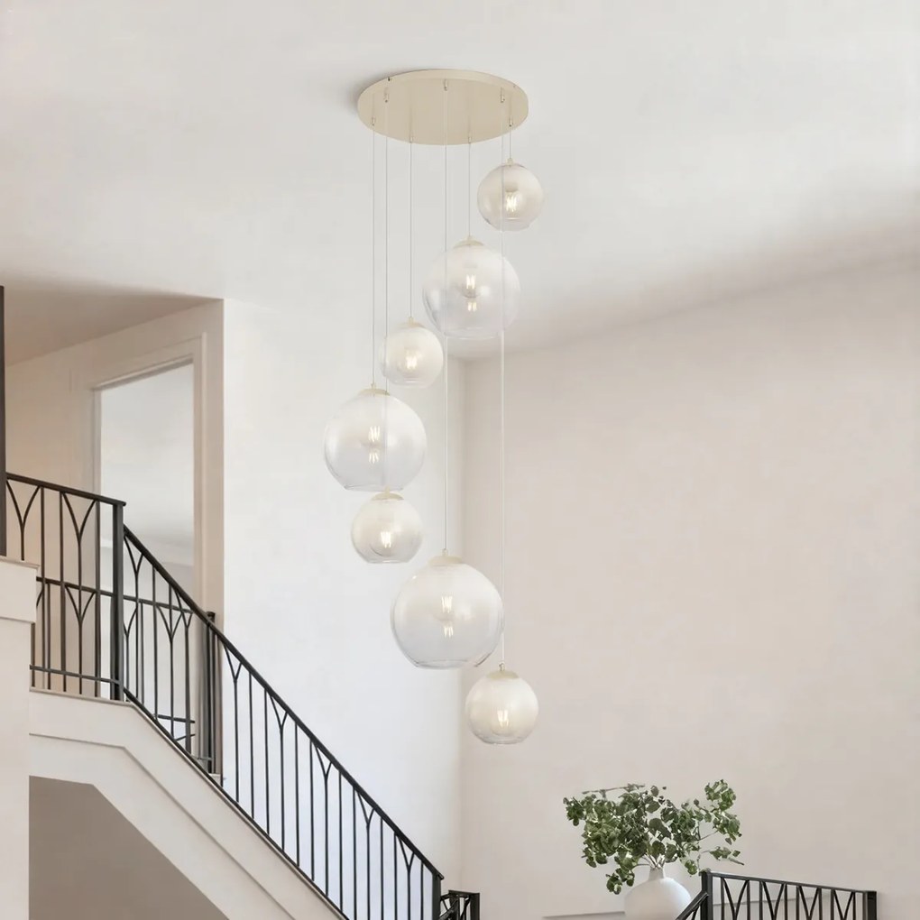 Candeeiro suspenso Art Deco bege com vidro branco 7 luzes - Sandra