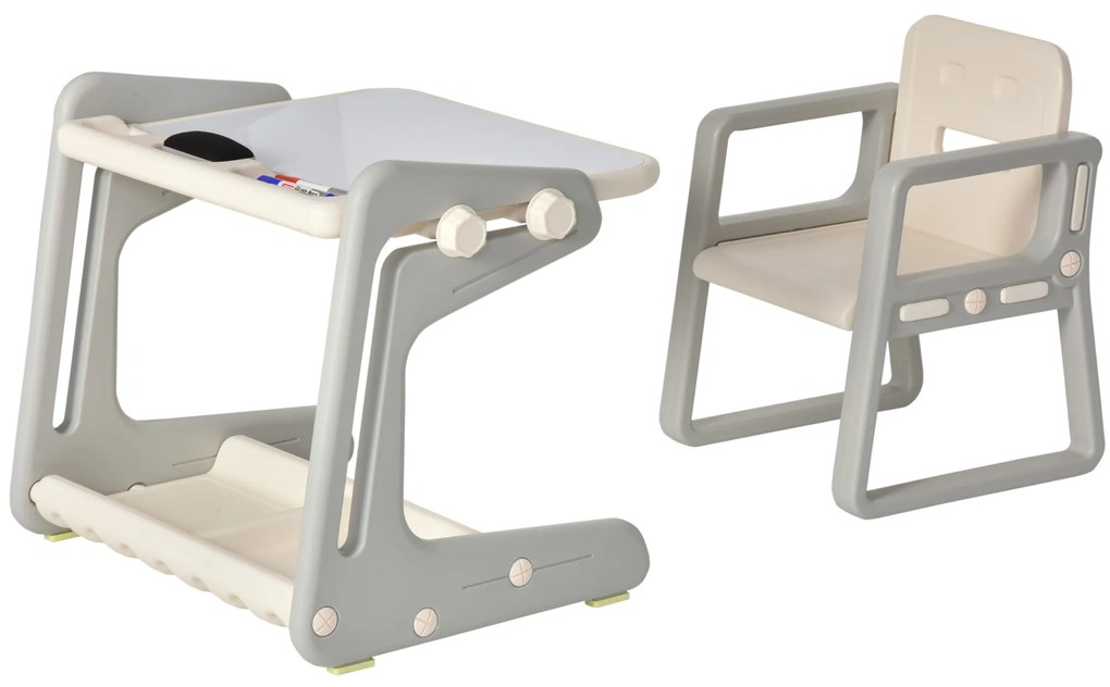 HOMCOM 2 em 1 Mesa Infantil com Quadro Negro Conjunto de Mesa Conversível e Cadeira para Crianças acima de 12 Meses com 3 Marcadores e 1 Borracha 65x48x66,7 cm Cinza e Branco
