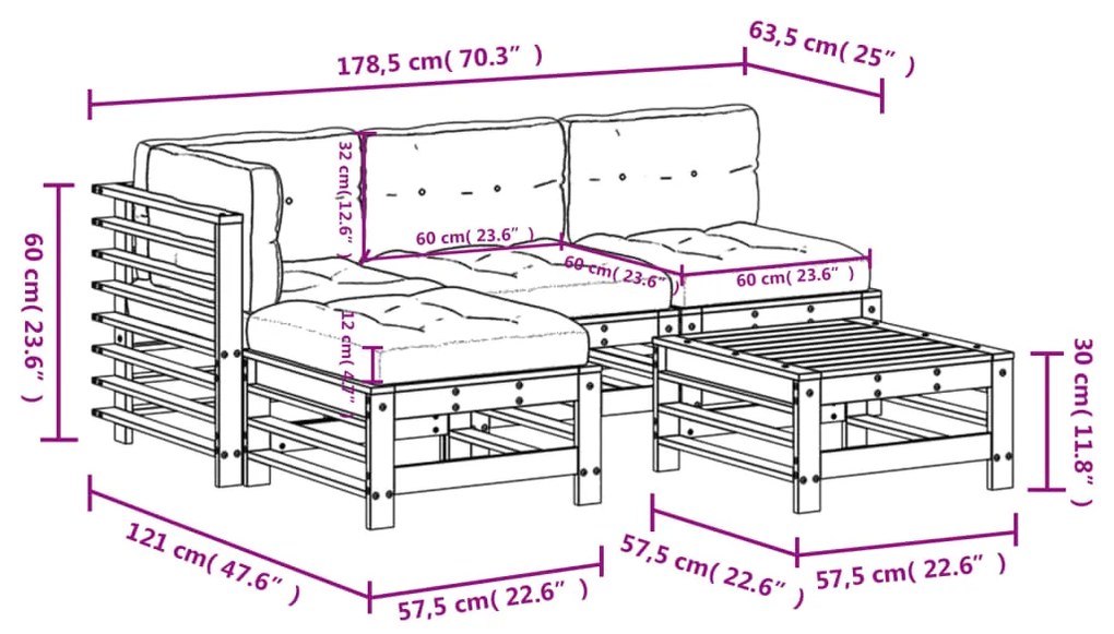 5pcs conjunto lounge jardim com almofadões madeira maciça cinza