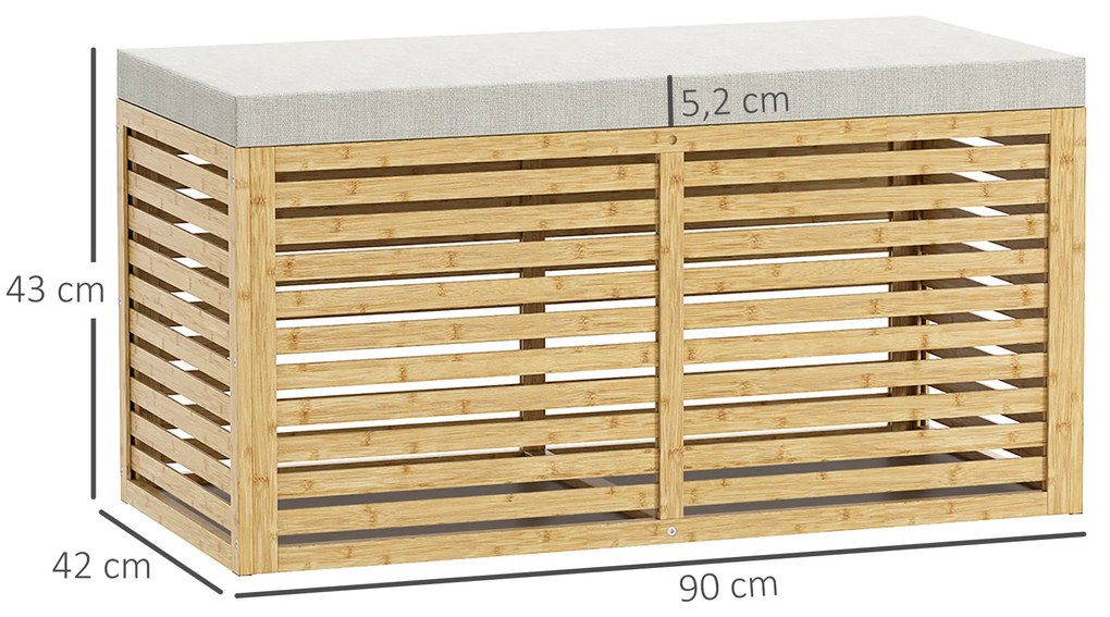 Baú de Arrumação para Dormitório 122L Estofado em Linho Sintético com Almofada Estrutura de Bambu 90x42x43 cm Cinza e Madeira