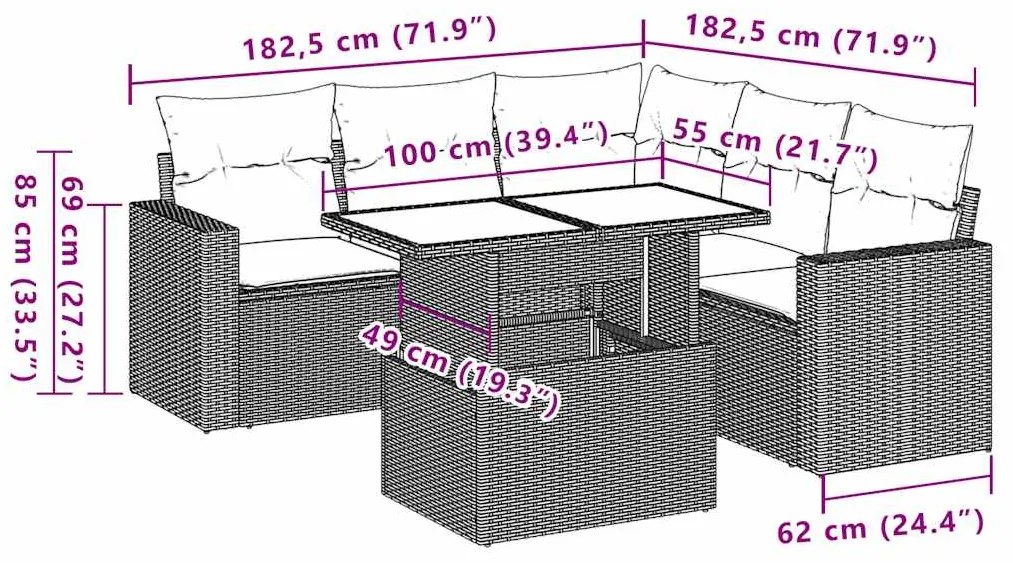 6 pcs conjunto sofás de jardim c/ almofadões vime PE preto