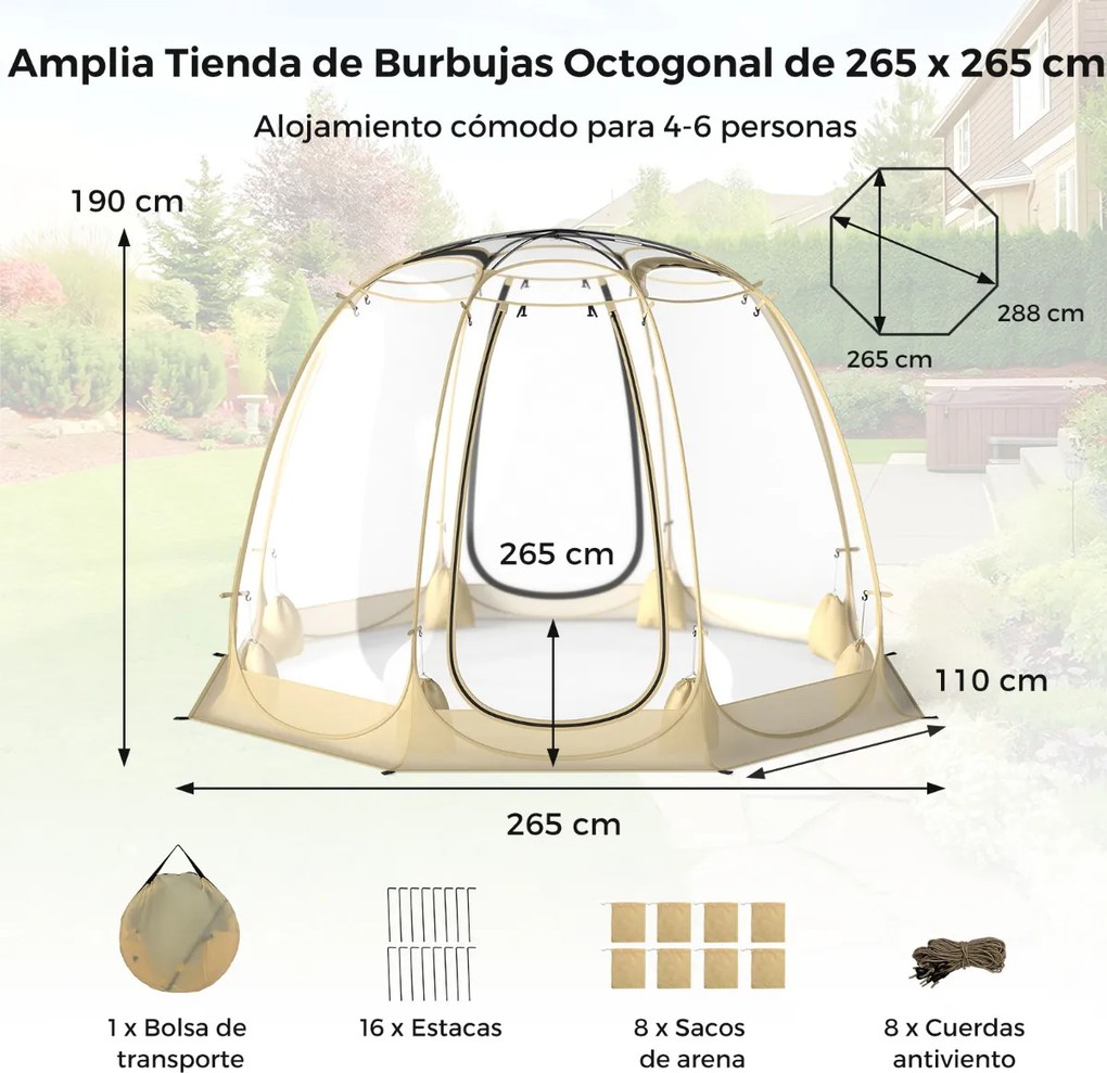 Tenda de bolha emergente em PVC 265 x 265 x 190 cm com rede mosquiteira Montagem instantânea À prova de intempéries e frio para 5-6 pessoas Portátil e