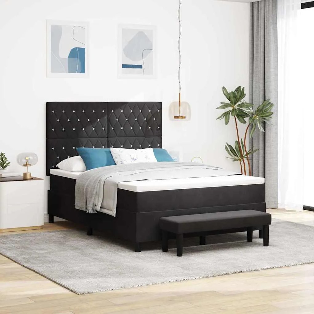 Cama Box com Colchão e Banco Preto 140x200 cm Veludo