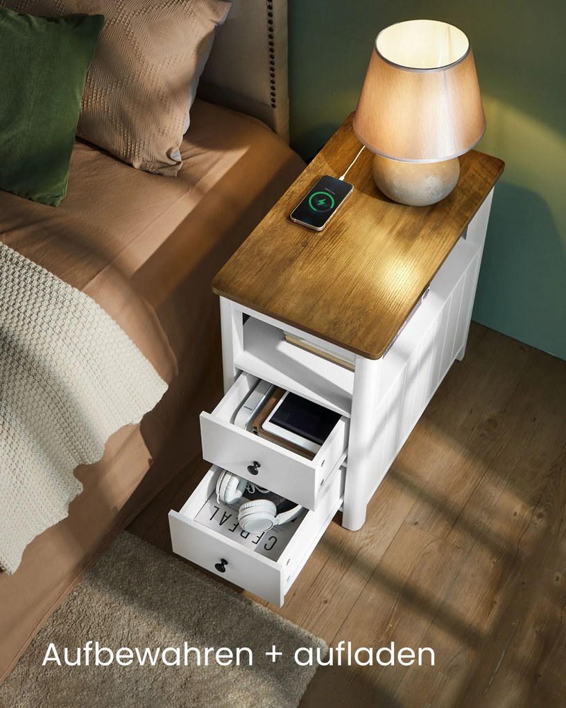 Mesa de apoio, mesa cabeçeira estreita com 2 tomadas eléctricas, 2 portas USB 60 x 35 x 60 cor nogueira castanho-branco