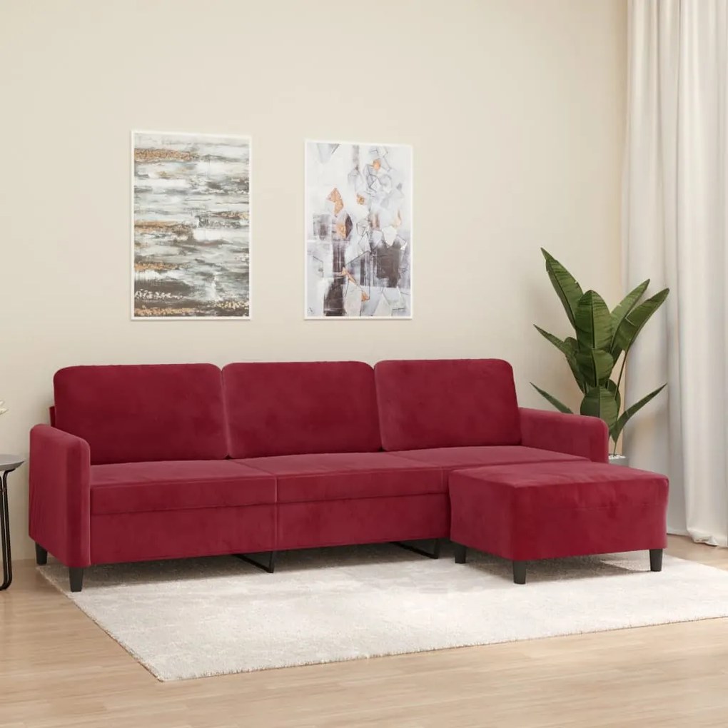 vidaXL Sofá de 3 lugares com apoio de pés 210 cm veludo vermelho tinto