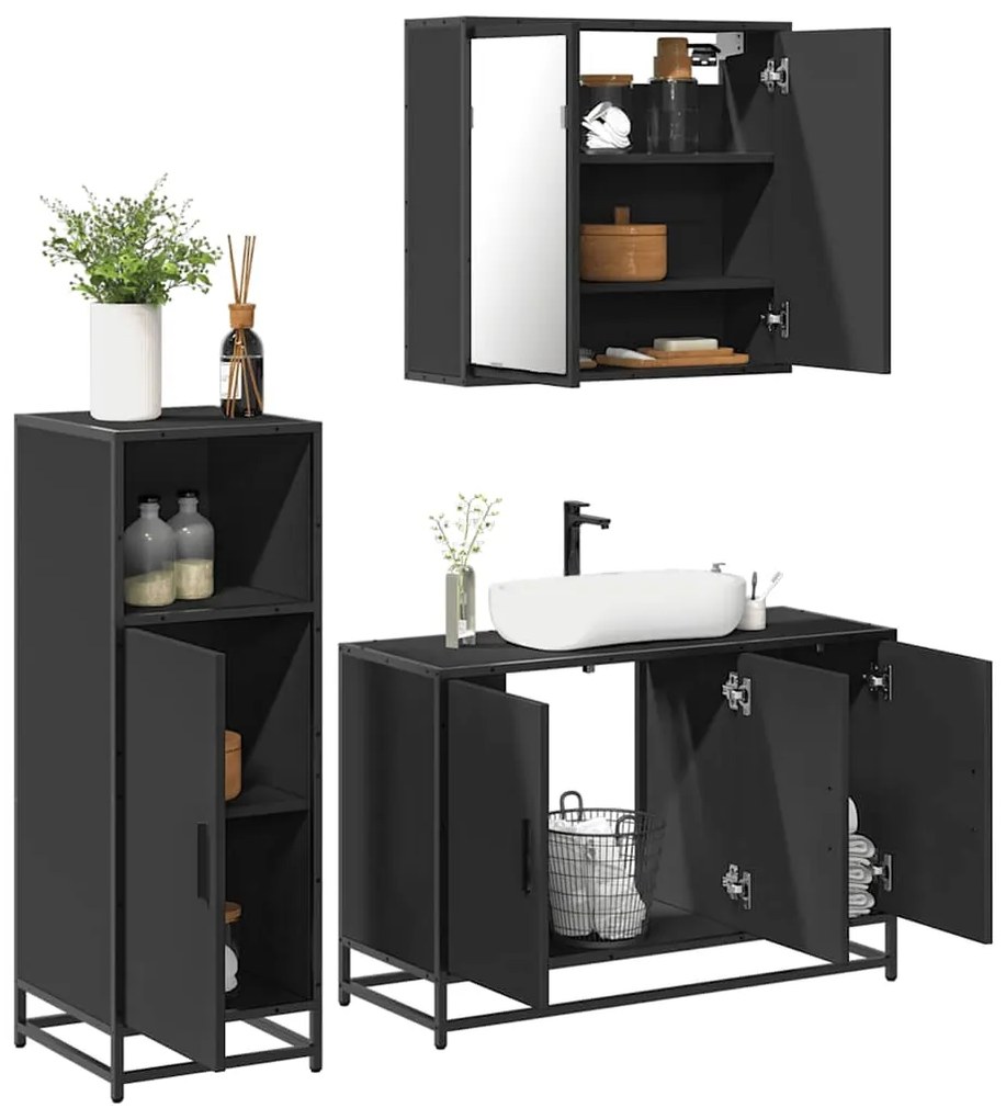 vidaXL 3 pcs conjunto móveis casa de banho derivados de madeira preto