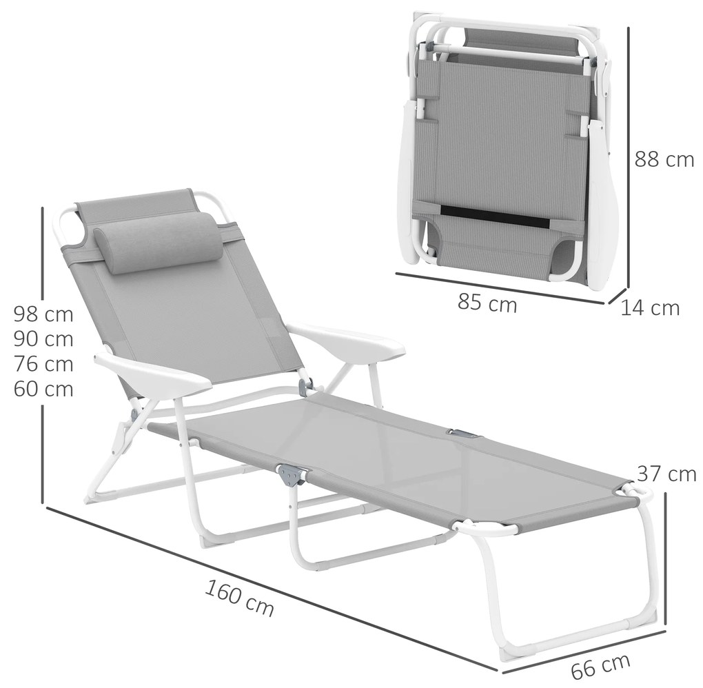 Espreguiçadeira de Jardim Reclinável e Dobrável com Encosto Ajustável em 4 Posições 160x66x98 cm Cinzento