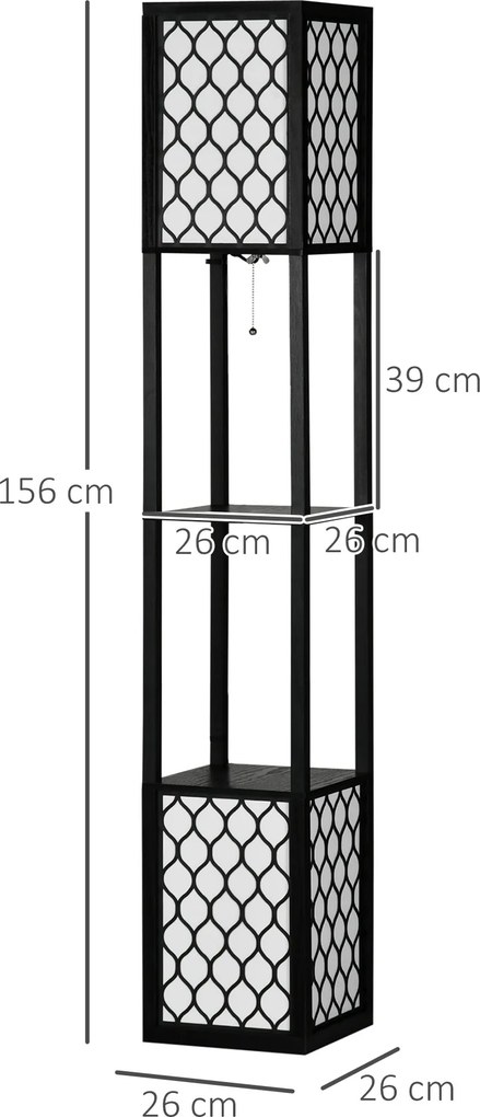 Candeeiro de Pé de Madeira com Estantes Lâmpada E27 Máx. 40W com Interruptor 26x26x156cm Preto e Branco