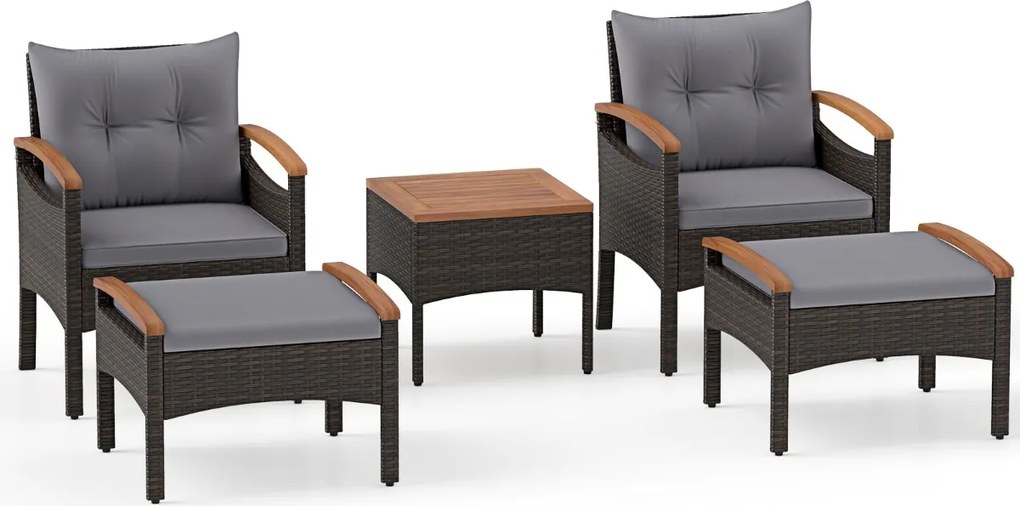 Conjunto  de jardim de 5 peças em vime e rattan, com 2 poltronas, 2 pufes, mesa em madeira de acácia Castanho misturado e cinzento