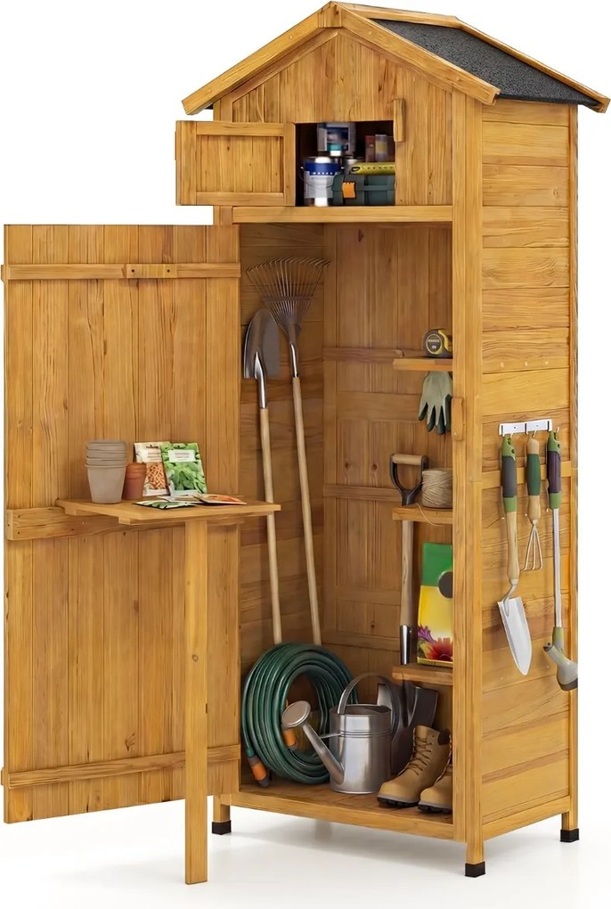 Abrigo, armario de jardim em madeira 76 x 51,5 x 178 cm com porta com fechadura, prateleiras removíveis, mesa lateral dobrável, telhado em asfalto Cas