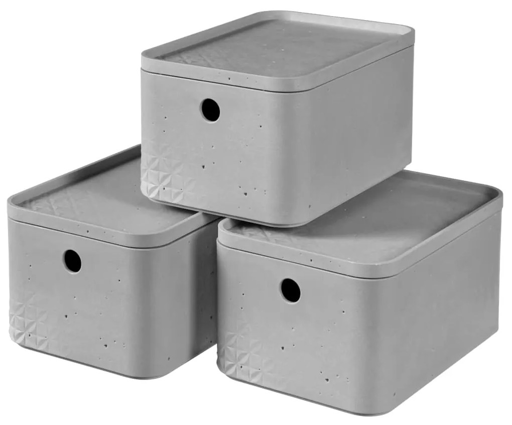 427243 Curver Conj. caixas de arrumação Beton c/ tampa 3 pcs S cinzento-claro