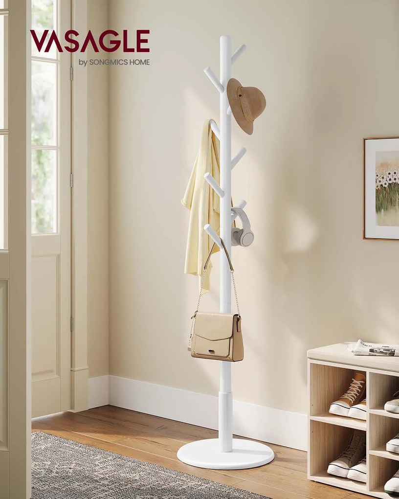 Cabide em forma de árvore com oito ganchos em madeira maciça 40 cm de profundidade, 171,8 cm de altura Branco