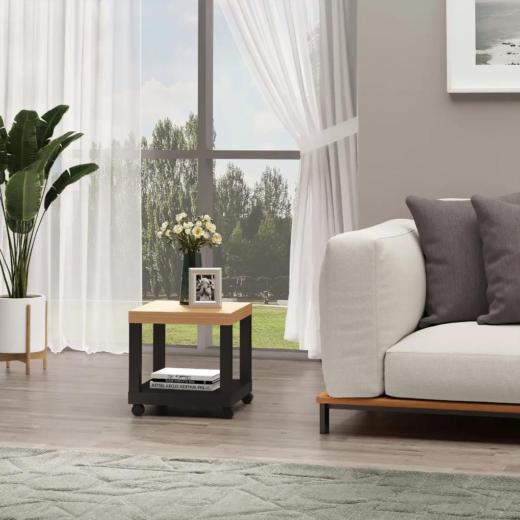 HOMCOM Mesa de apoio para sofá Mesa de centro para sala de estar ou mesa de cabeceira Multifuncional e com prateleira de armazenamento aberta com rodas 40x40x40 cm Preto e natural