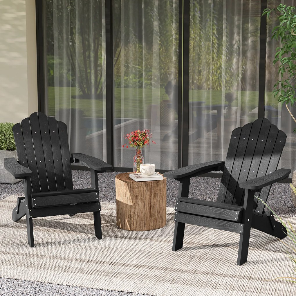 Conjunto de 2 cadeiras Adirondack dobráveis com braços largos, encosto inclinado, assento em ripas e capacidade para 180 kg, para terraço ou pátio, na