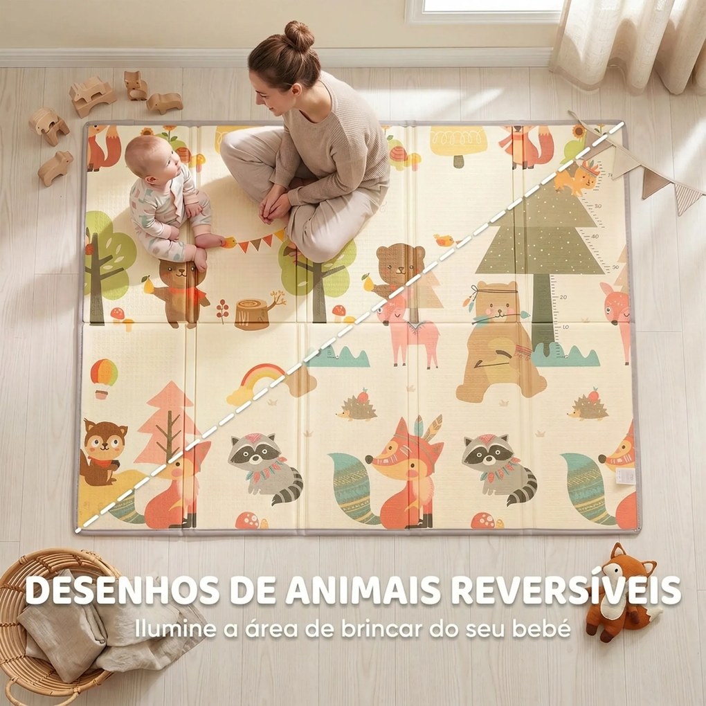 Tapete Infantil Dobrável e Reversível 200x150 cm Antiderrapante e Impermeável, Design Árvore e Floresta