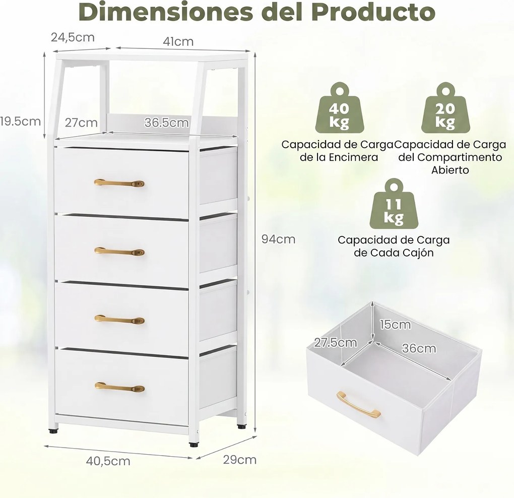 Cómoda de 4 Gavetas, 40,5 x 29 x 94 cm, Gavetas de Tecido Removíveis, Branco