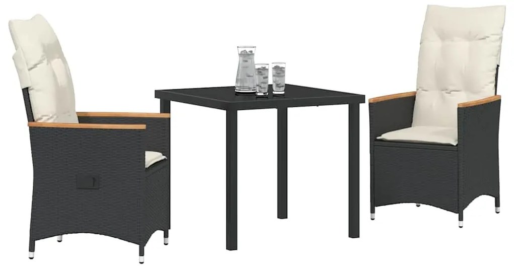 Conjunto de Jantar de Jardim com 3 Peças com Almofadas Pretas em Ratta