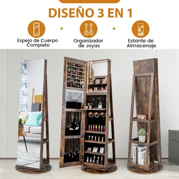 Espelho Guarda Joias rotativos 360° com luzes LED Espelho de corpo inteiro Com Estante 54,5 x 161 cm Castanho Escuro