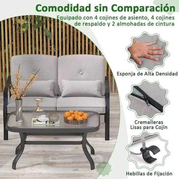 Conjunto de jardim de exterior 4 peças com 2 cadeiras individuais Cadeira de 2 lugares Mesa em vidro temperado Cinzento