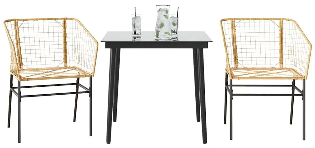 Conjunto jantar jardim 3 peças vidro vime PE castanho