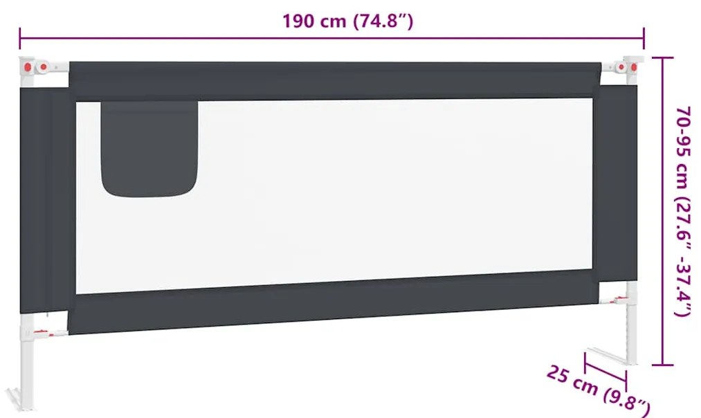 Barra segurança p/ cama infantil tecido 190x25 cm cinza-escuro