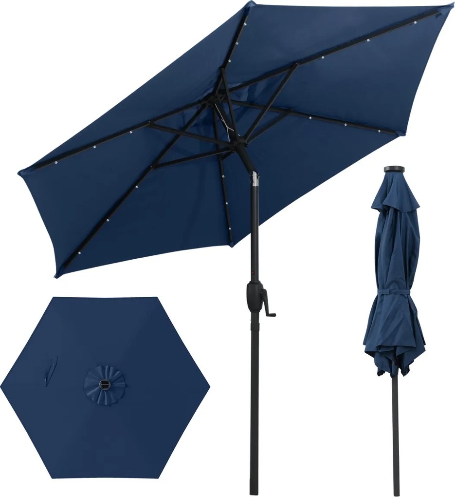 Guarda-sol LED com luzes LED Solares Sistema de inclinação com botão 230 x 230 x 225 cm Azul marinho