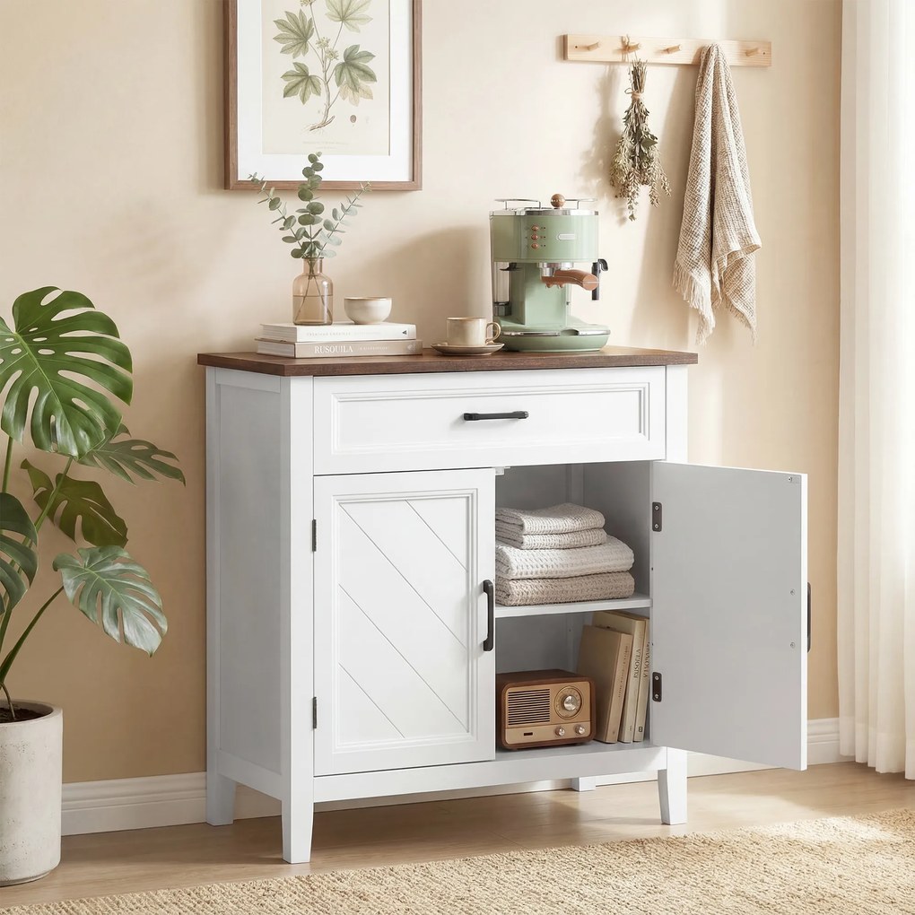 Aparador de sala 76 x 35 x 80 cm,, móvel de arrumação com 2 portas, gaveta e prateleira ajustável, branco