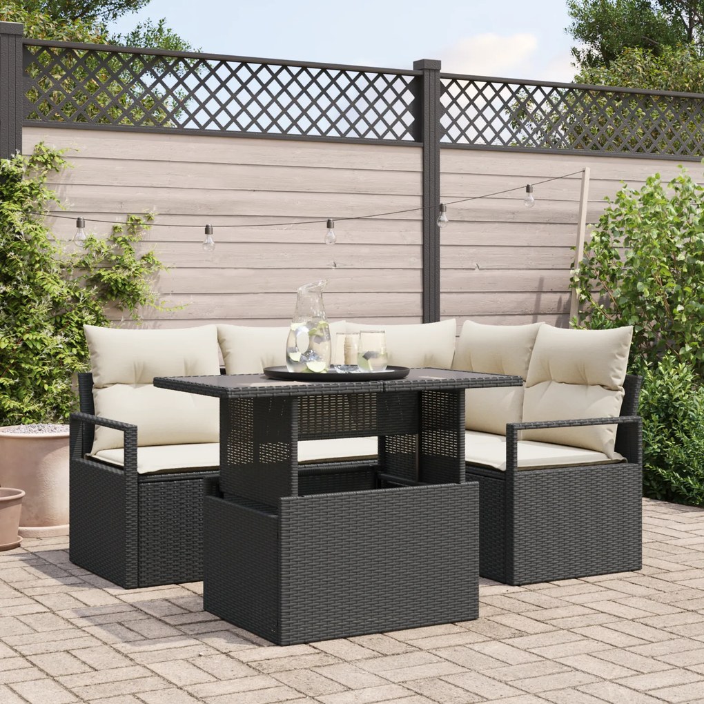 Conjunto de Sofá de Jardim VidaXL 5 Peças com Almofadas Rattan Preto,