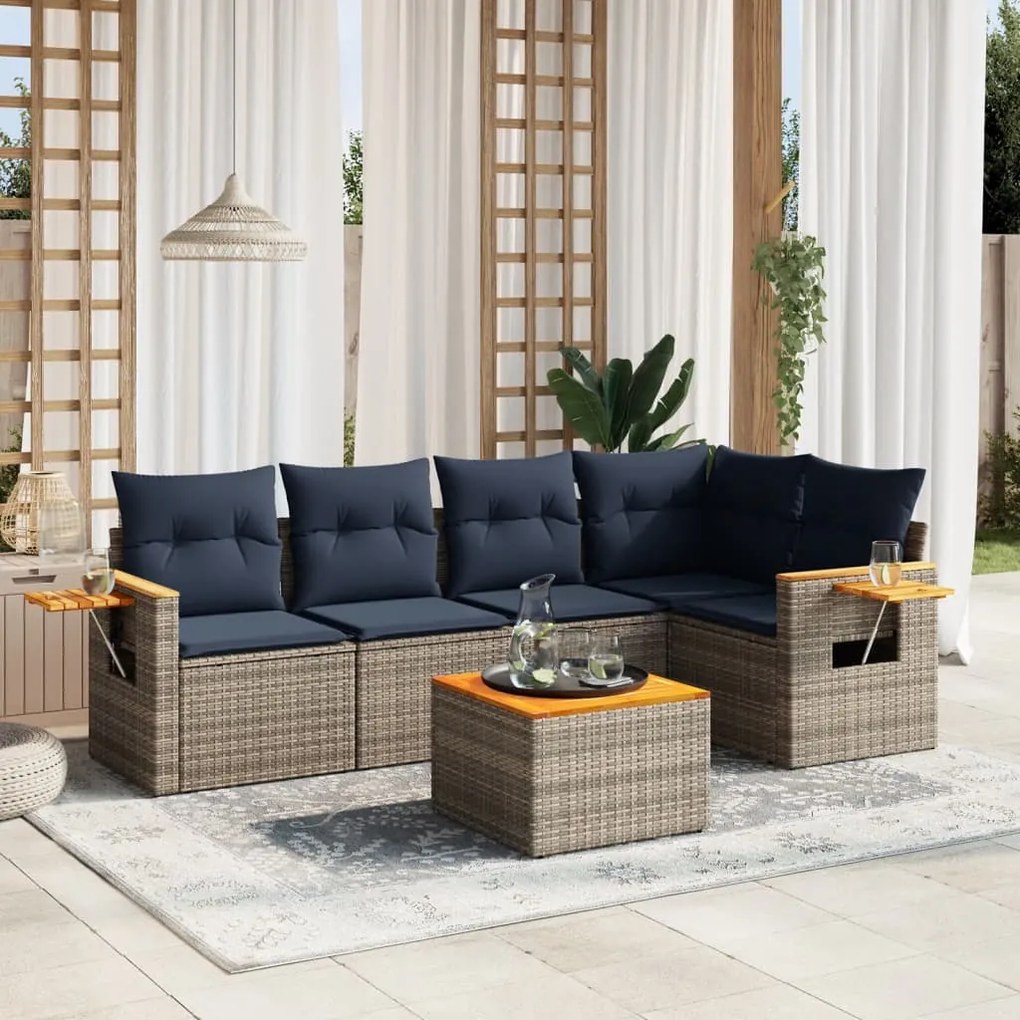 6 pcs conjunto sofás p/ jardim c/ almofadões vime PE cinzento