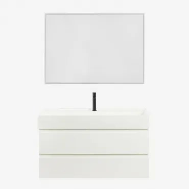 Conjunto De Móvel De Casa De Banho Suspenso Em Madeira E Folha De Freixo Com Lavatório Integrado Ona Branco & Led Retangular - Sklum