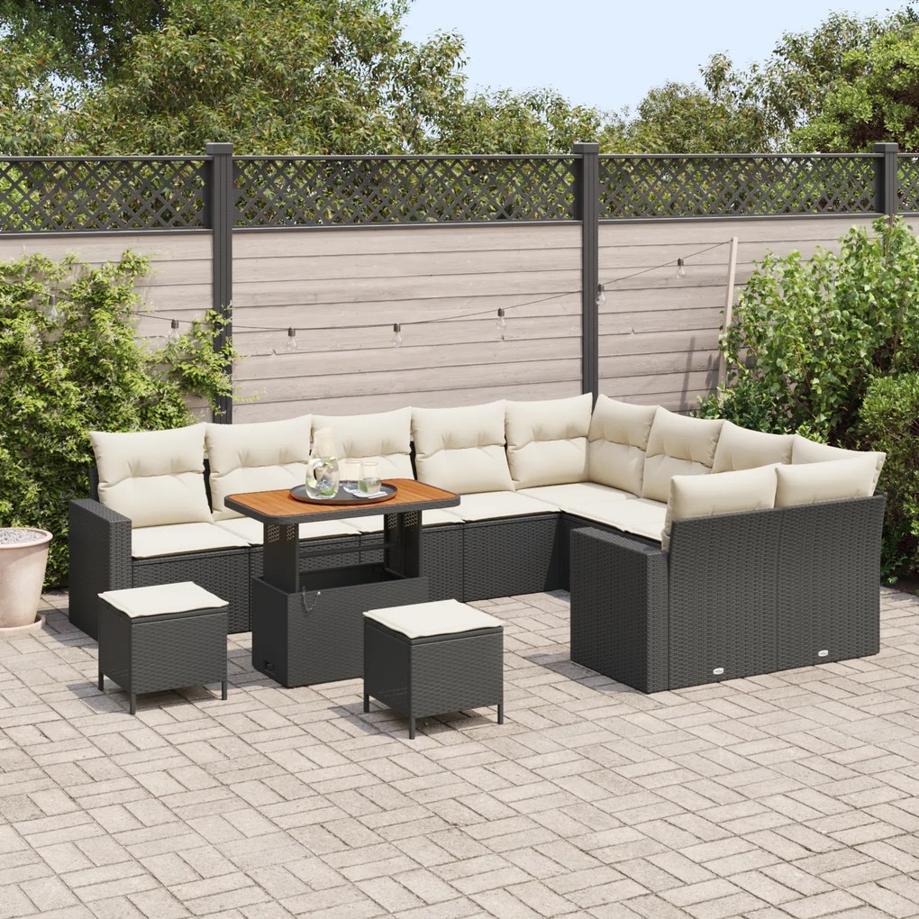 Conjunto de Sofá de Jardim de 12 Peças com Almofadas Preto Rattan Poli