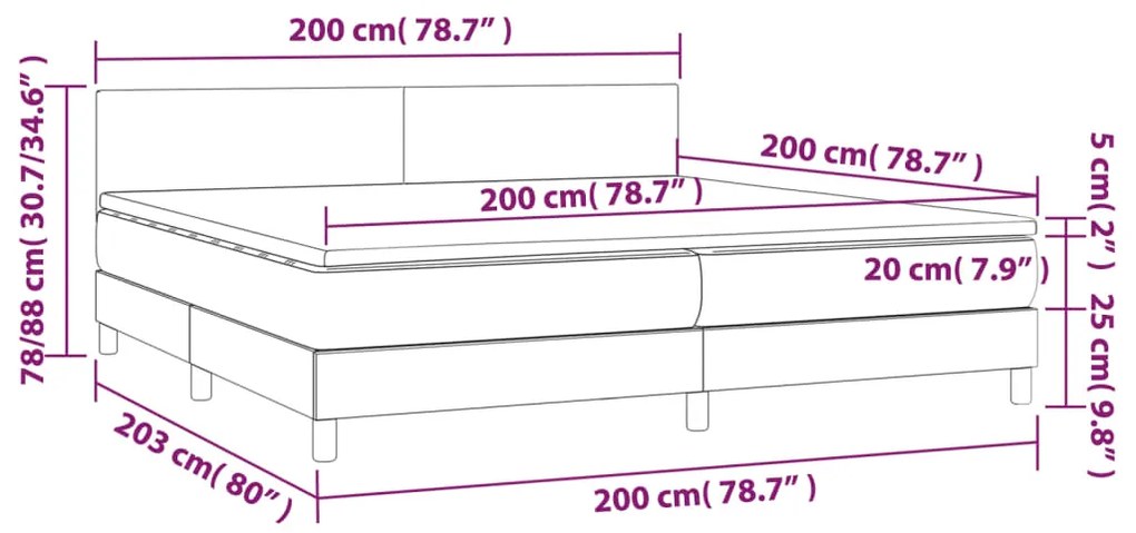 Cama box spring c/ colchão e LED 200x200 cm tecido cinza-claro