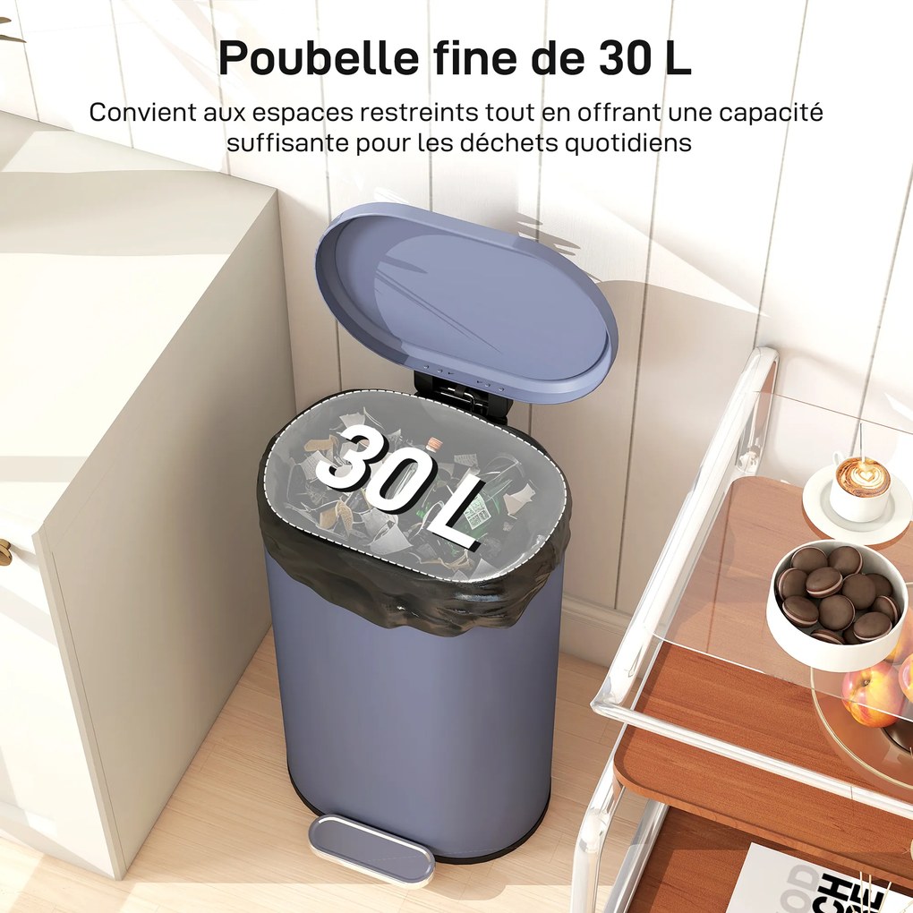 Caixote do lixo de cozinha de 30 L, com pedal, balde interior removível, tampa com fecho suave, 36,5 x 31 x 61 cm, cinzento