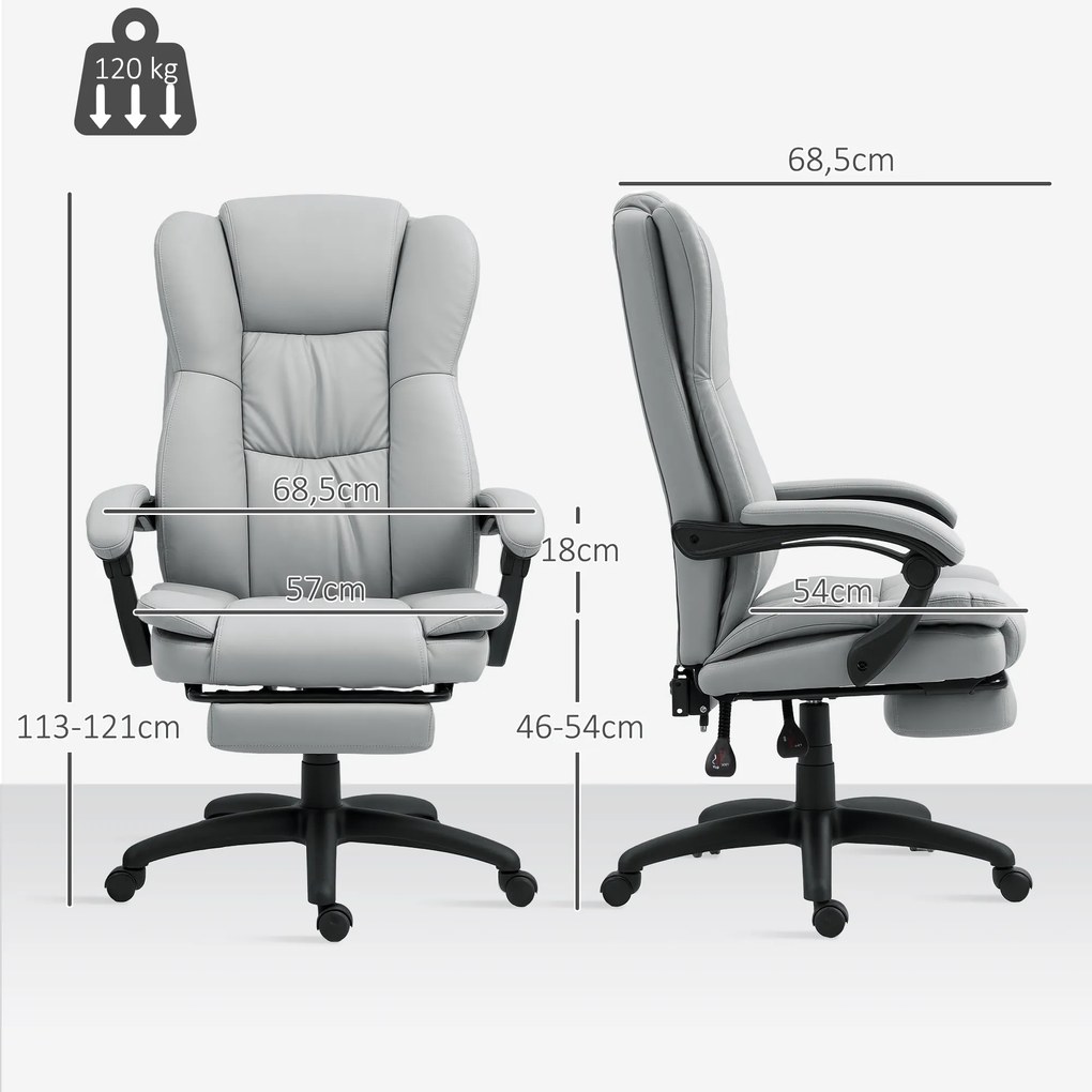 Cadeira de Escritório com Altura Ajustável 6 Pontos de Massagem e Apoio para os Pés Retrátil 68,5x68,5x113-121 cm Cinza